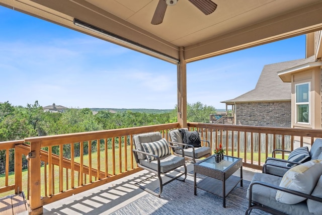 407 Stone View Trl, Austin, TX 78737 - wooden deck with outdoor lounge area and a ceiling fan