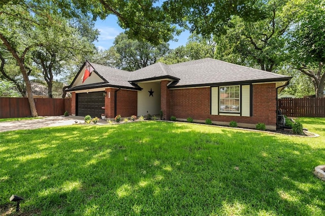 single story home with a garage, brick siding, driveway, and roof with shingles