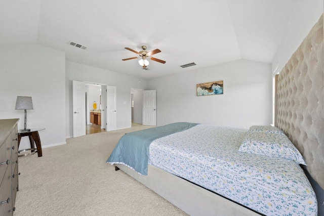 bedroom featuring vaulted ceiling, carpet flooring, a ceiling fan, and baseboards