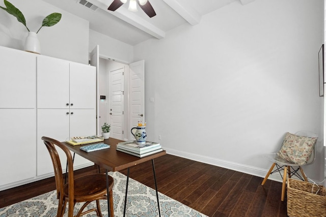 office area featuring beam ceiling, a ceiling fan, dark wood finished floors, and baseboards