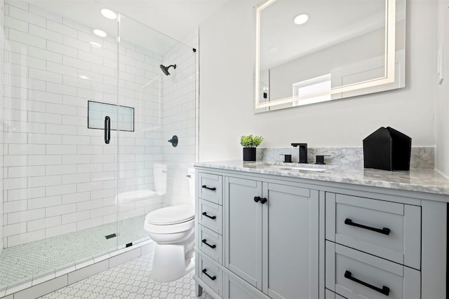616 Bissonet Ln, Austin, TX 78752 - full bathroom featuring vanity, a stall shower, recessed lighting, and tile patterned floors