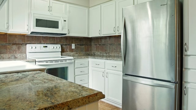 708 Chestnut Xing, Cedar Park, TX 78613 - kitchen featuring white appliances, white cabinetry, backsplash, and light stone counters