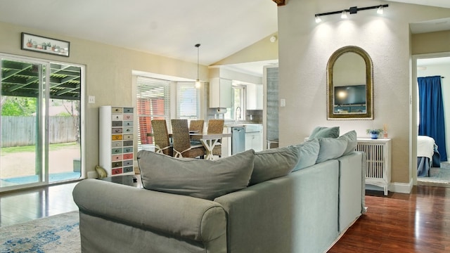 708 Chestnut Xing, Cedar Park, TX 78613 - living room featuring lofted ceiling, dark wood finished floors, and baseboards