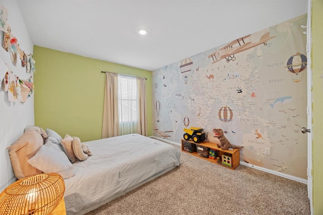 bedroom with carpet floors, baseboards, wallpapered walls, and recessed lighting