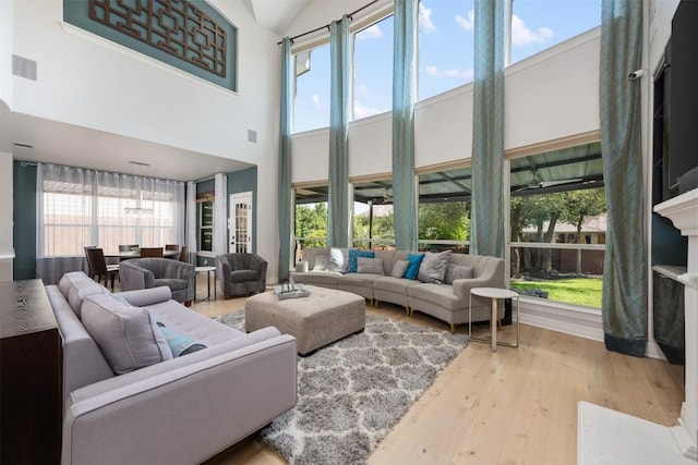 living area featuring wood finished floors and a towering ceiling