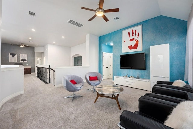 905 S Frontier Ln, Cedar Park, TX 78613 - living area with a ceiling fan, light colored carpet, vaulted ceiling, and recessed lighting