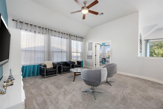 905 S Frontier Ln, Cedar Park, TX 78613 - carpeted living area with lofted ceiling, a ceiling fan, and baseboards