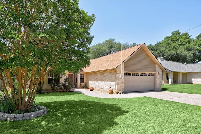view of front of property with a garage, concrete driveway, a front lawn, and a shingled roof