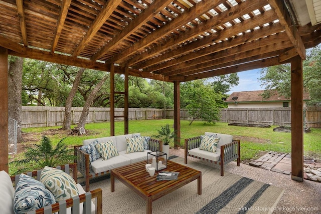 view of patio featuring an outdoor living space and a pergola