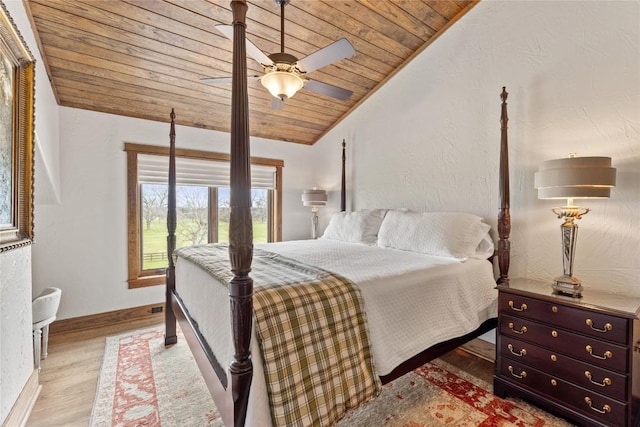 bedroom featuring wood ceiling, lofted ceiling, wood finished floors, baseboards, and ceiling fan