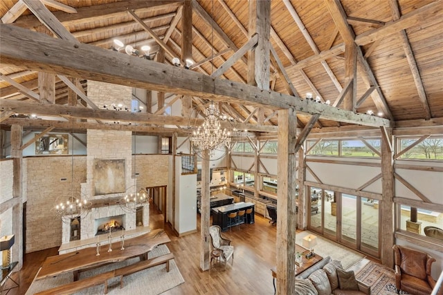 misc room with a chandelier, wood ceiling, high vaulted ceiling, wood finished floors, and beam ceiling