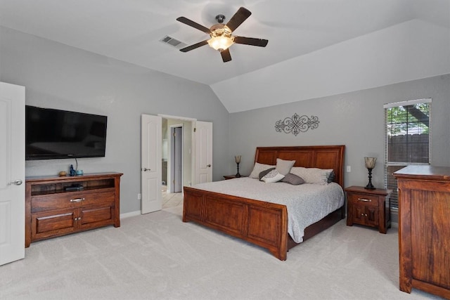 2025 Saint Andrews Dr, Round Rock, TX 78664 - bedroom with vaulted ceiling, light colored carpet, a ceiling fan, and baseboards