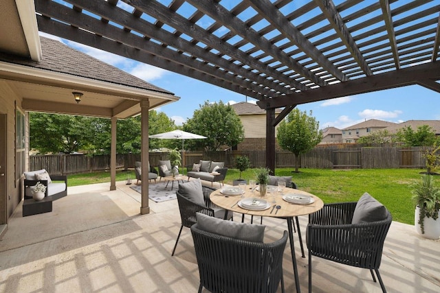 view of patio / terrace featuring an outdoor living space and a pergola