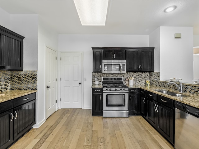 kitchen with stainless steel appliances, a sink, dark cabinetry, and light wood-style flooring