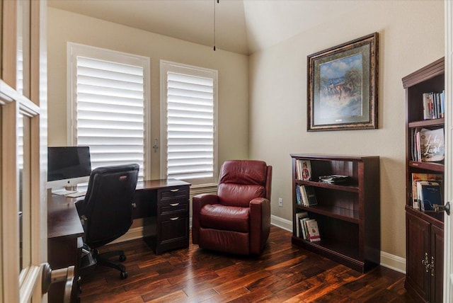 office with dark wood finished floors, lofted ceiling, and baseboards