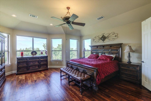 bedroom with baseboards, wood-type flooring, recessed lighting, and ceiling fan