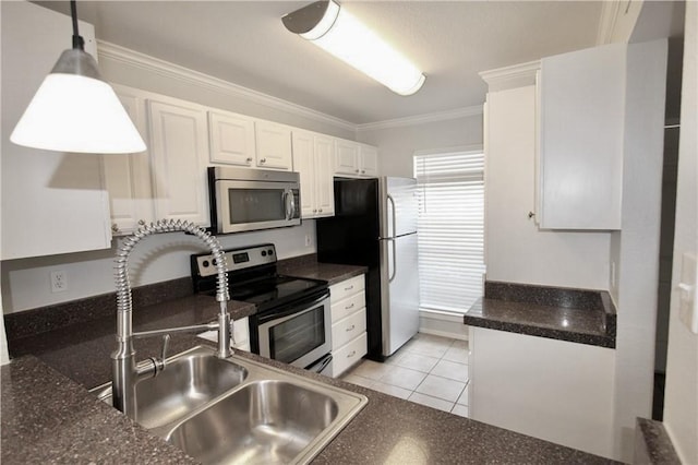 kitchen with stainless steel appliances, crown molding, a sink, white cabinets, and light tile patterned flooring