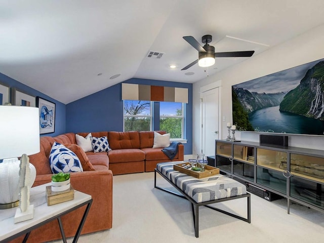 710 Bernese Pass, Austin, TX 78745 - living area with carpet floors, a ceiling fan, and lofted ceiling