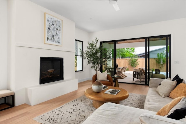 1703 Madison Ave, Austin, TX 78757 - living area featuring wood finished floors, a glass covered fireplace, and ceiling fan
