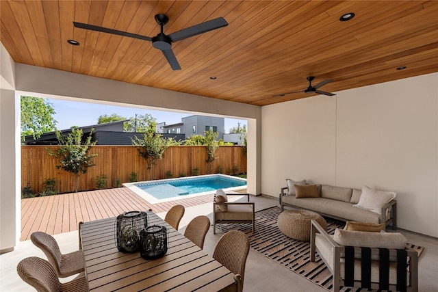 1703 Madison Ave, Austin, TX 78757 - view of patio with a fenced backyard, an outdoor living space, ceiling fan, and a wooden deck