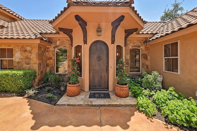 2600 Grapevine Springs Cv, Georgetown, TX 78628 - doorway to property with stone siding, a tiled roof, and stucco siding