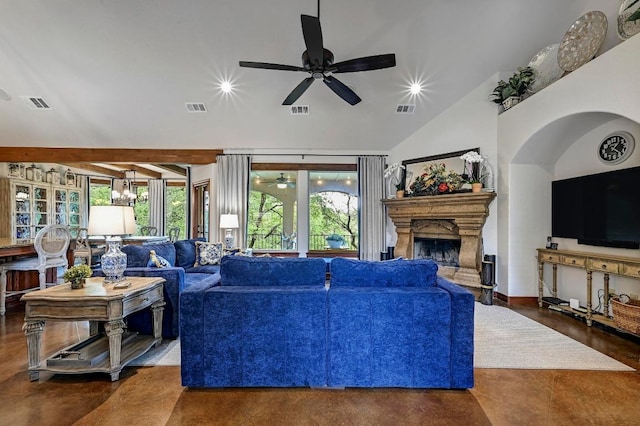 2600 Grapevine Springs Cv, Georgetown, TX 78628 - living room featuring a ceiling fan, a fireplace with raised hearth, recessed lighting, and vaulted ceiling