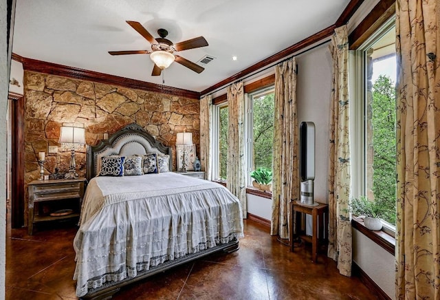 2600 Grapevine Springs Cv, Georgetown, TX 78628 - bedroom featuring crown molding, multiple windows, baseboards, and ceiling fan