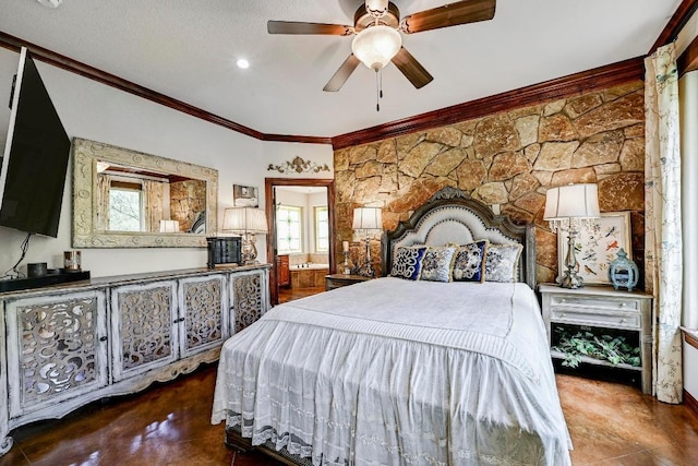 2600 Grapevine Springs Cv, Georgetown, TX 78628 - bedroom with crown molding, multiple windows, ceiling fan, and finished concrete floors