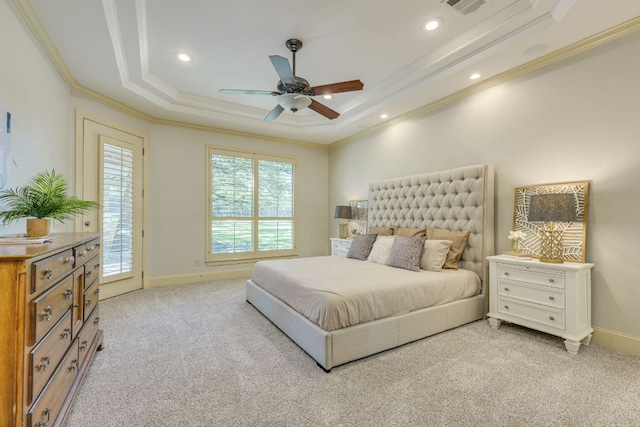 1186 Ranchers Club Ln, Driftwood, TX 78619 - bedroom with ornamental molding, light colored carpet, access to outside, a raised ceiling, and baseboards
