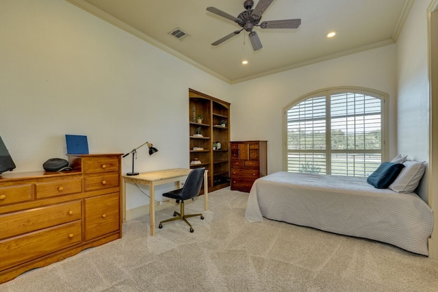 1186 Ranchers Club Ln, Driftwood, TX 78619 - bedroom with crown molding, carpet floors, a desk, a ceiling fan, and recessed lighting