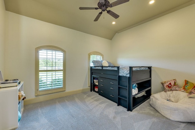 1186 Ranchers Club Ln, Driftwood, TX 78619 - bedroom featuring multiple windows, recessed lighting, light colored carpet, baseboards, and vaulted ceiling