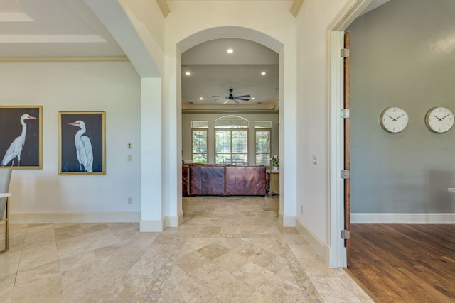 1186 Ranchers Club Ln, Driftwood, TX 78619 - corridor with arched walkways, baseboards, recessed lighting, and ornamental molding