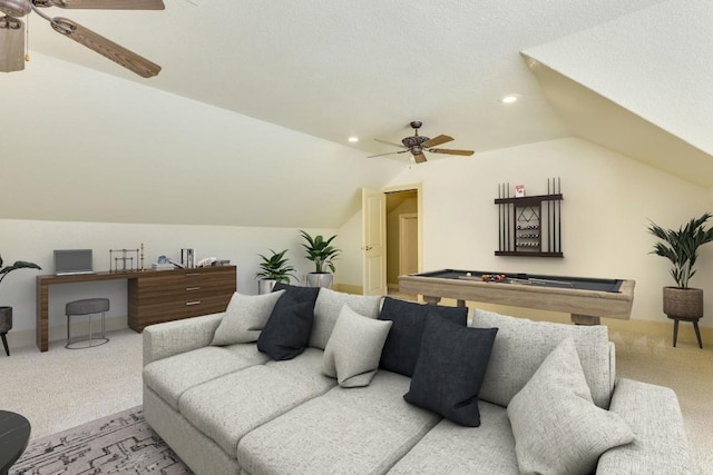 1186 Ranchers Club Ln, Driftwood, TX 78619 - living area with ceiling fan, carpet, vaulted ceiling, recessed lighting, and billiards table