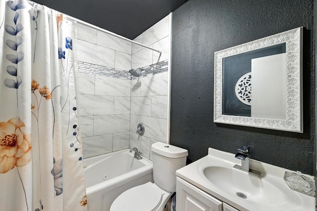 136 Shadow Oak Dr, Bastrop, TX 78602 - bathroom with shower / tub combo, a textured wall, toilet, and vanity