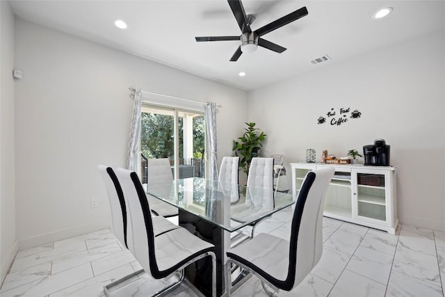 21513 Santa Carlo Ave, Lago Vista, TX 78645 - dining space with light marble finish floors, recessed lighting, and ceiling fan