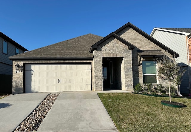 9721 Eloquence Dr, Manor, TX 78653 - view of front of property with driveway, an attached garage, a front lawn, stone siding, and a shingled roof