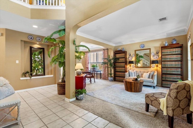 2932 Persimmon Valley Trl, Austin, TX 78732 - carpeted living area featuring ornamental molding, tile patterned floors, and baseboards