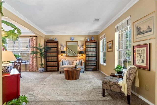 2932 Persimmon Valley Trl, Austin, TX 78732 - sitting room with carpet flooring, healthy amount of natural light, ornamental molding, and baseboards