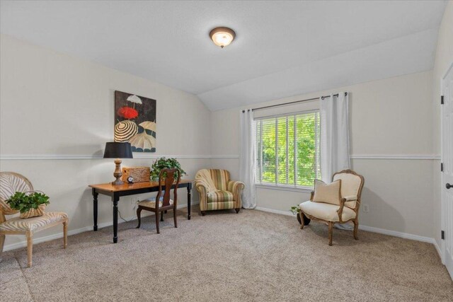 2932 Persimmon Valley Trl, Austin, TX 78732 - living area featuring vaulted ceiling, carpet flooring, and baseboards