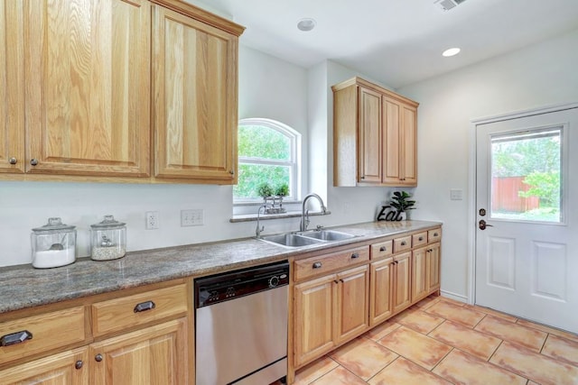 195 Live Oak, Liberty Hill, TX 78642 - kitchen featuring dishwasher, a sink, light brown cabinets, recessed lighting, and light tile patterned floors