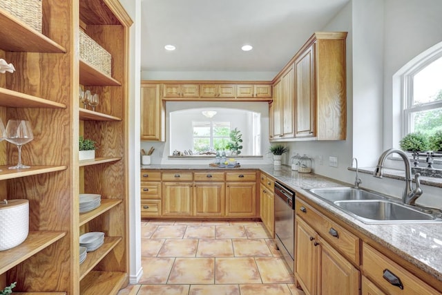 195 Live Oak, Liberty Hill, TX 78642 - kitchen featuring dishwasher, open shelves, a sink, healthy amount of natural light, and recessed lighting
