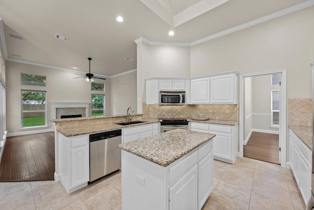 3408 Reims Ct, Austin, TX 78738 - kitchen with appliances with stainless steel finishes, a sink, ornamental molding, a ceiling fan, and a peninsula