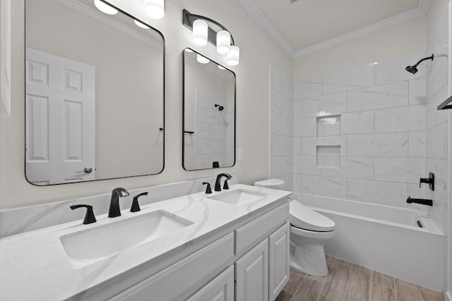 3408 Reims Ct, Austin, TX 78738 - bathroom with ornamental molding, double vanity,  shower combination, and wood finished floors