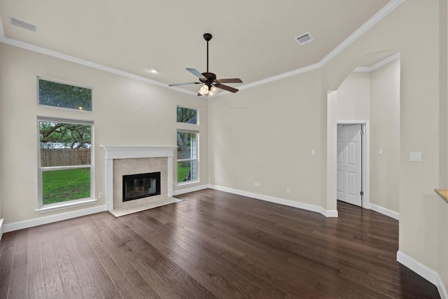 3408 Reims Ct, Austin, TX 78738 - unfurnished living room with dark wood finished floors, crown molding, baseboards, a fireplace, and a ceiling fan