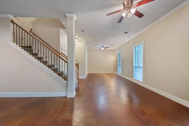 5401 Duval St Unit A & B, Austin, TX 78751 - unfurnished living room featuring a ceiling fan, concrete floors, baseboards, crown molding, and stairs