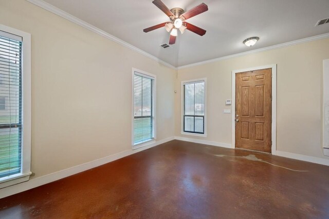 5401 Duval St Unit A & B, Austin, TX 78751 - unfurnished room with finished concrete floors, crown molding, ceiling fan, and baseboards
