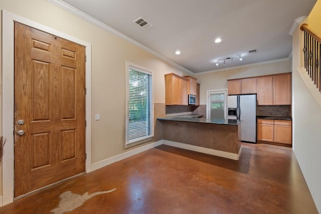 5401 Duval St Unit A & B, Austin, TX 78751 - kitchen featuring appliances with stainless steel finishes, finished concrete floors, tasteful backsplash, crown molding, and dark countertops