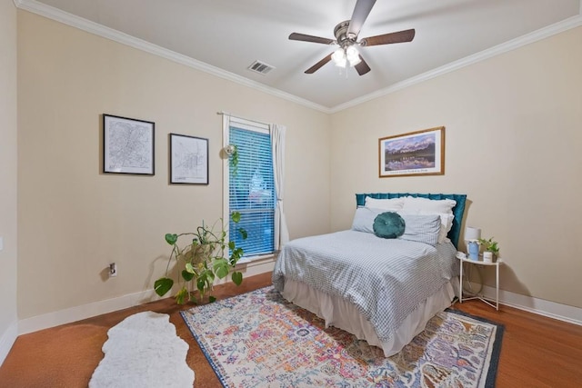 5401 Duval St Unit A & B, Austin, TX 78751 - bedroom with baseboards, crown molding, wood finished floors, and ceiling fan