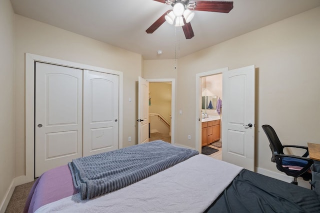 5401 Duval St Unit A & B, Austin, TX 78751 - bedroom with carpet, a closet, baseboards, ensuite bathroom, and a ceiling fan