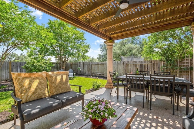 view of patio / terrace featuring outdoor dining area, a pergola, and a fenced backyard